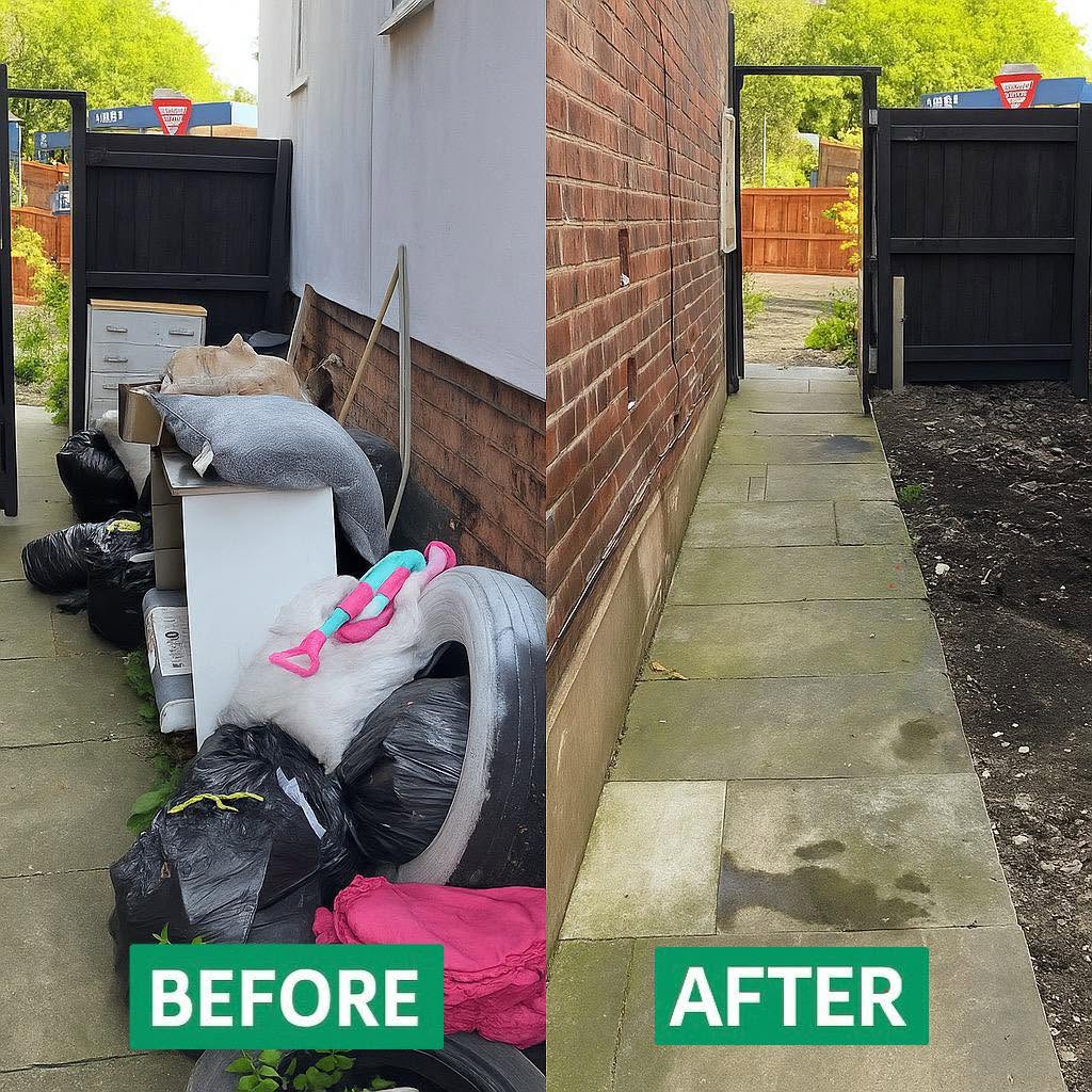 Before and after of a garden path cleared of old furniture and rubbish