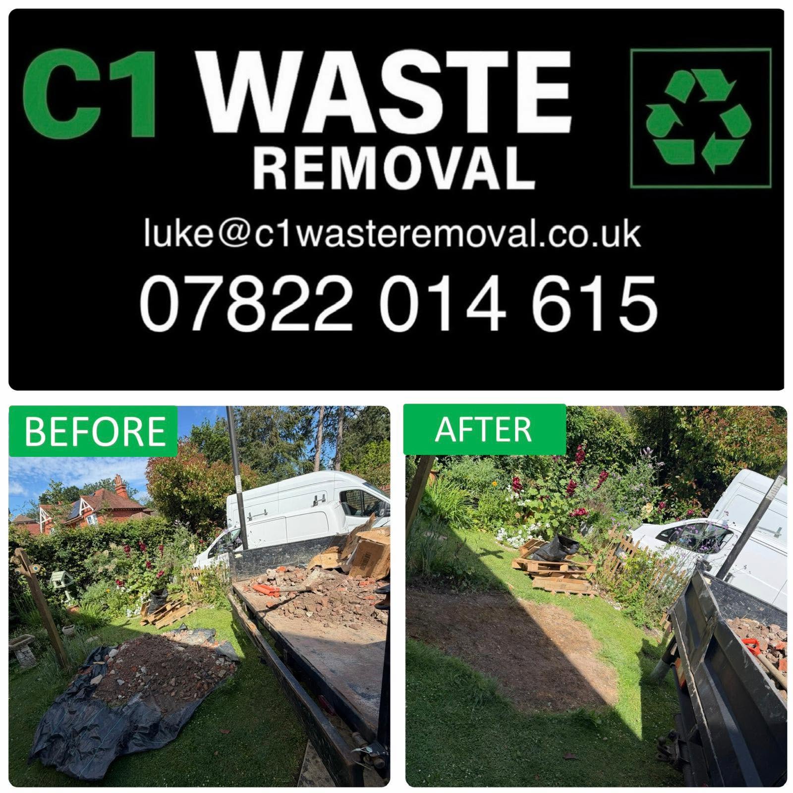 A fully loaded C1 Waste Removal truck on a driveway