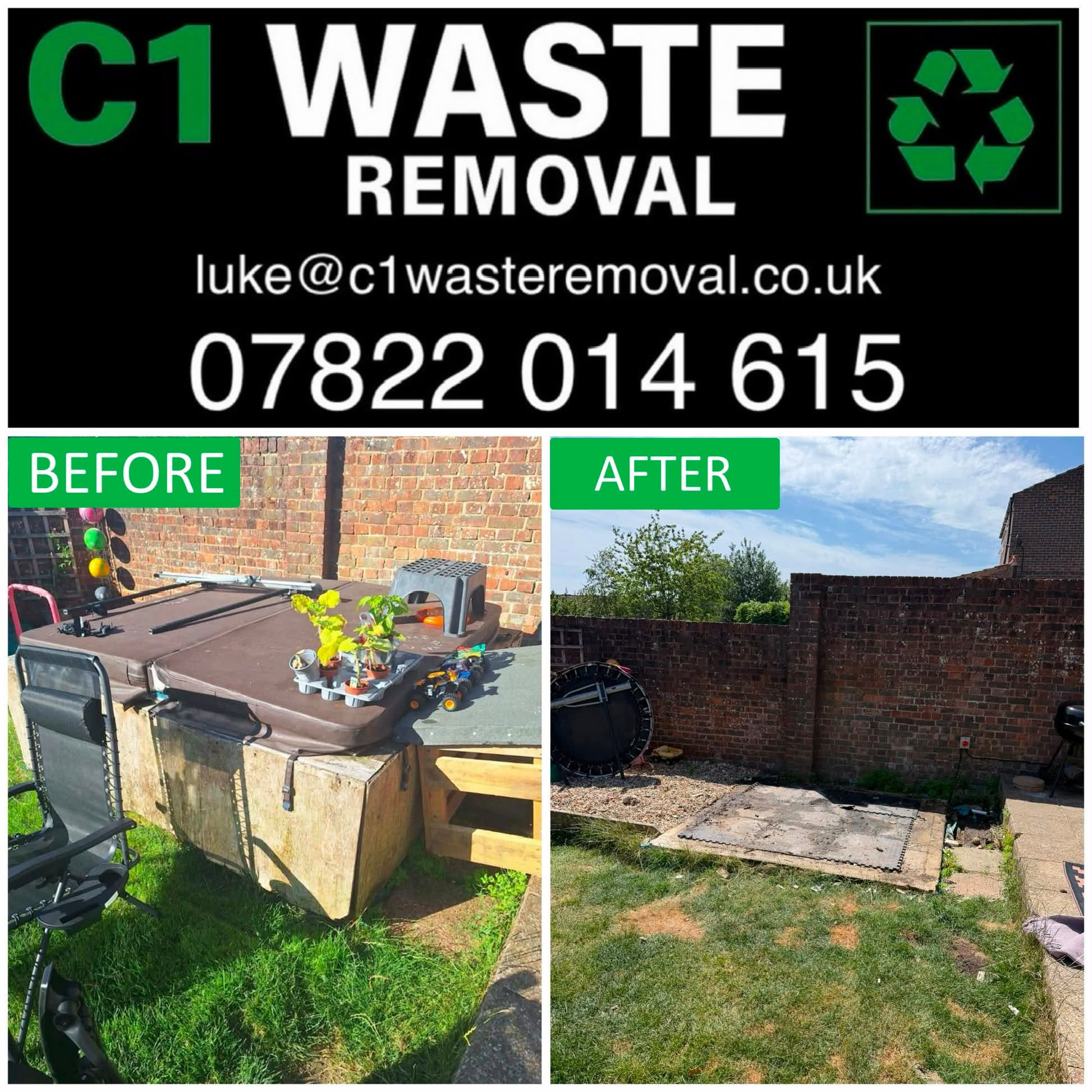 Before and after of an old hot tub removed from a garden