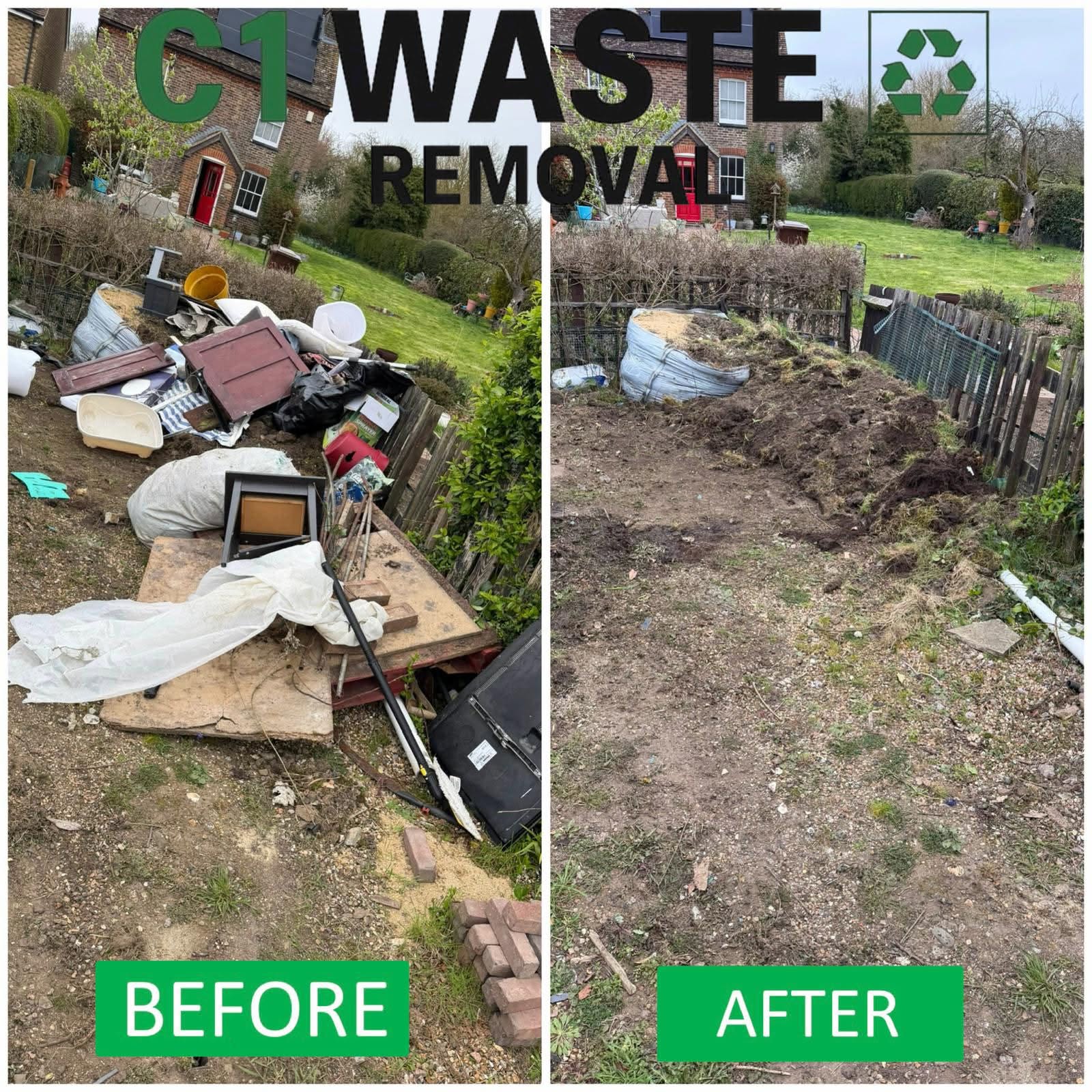 Before and after of a large garden waste pile cleared